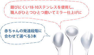 「錆びにくい18-10ステンレスを使用し、職人がひとつひとつ磨いてミラー仕上げに」「赤ちゃんの発達段階に合わせて選べる3本」